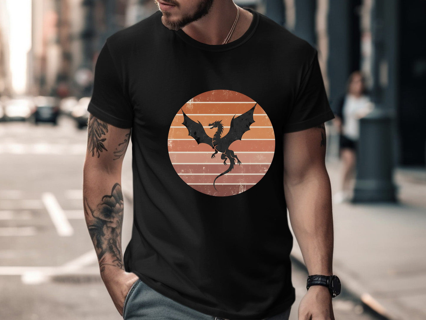 Retro Dragon Silhouette T-Shirt - Vintage Sunset Graphic