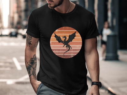 Retro Dragon Silhouette T-Shirt - Vintage Sunset Graphic