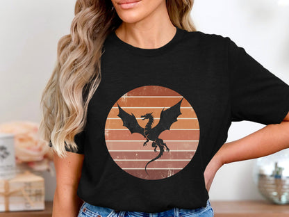 Retro Dragon Silhouette T-Shirt - Vintage Sunset Graphic