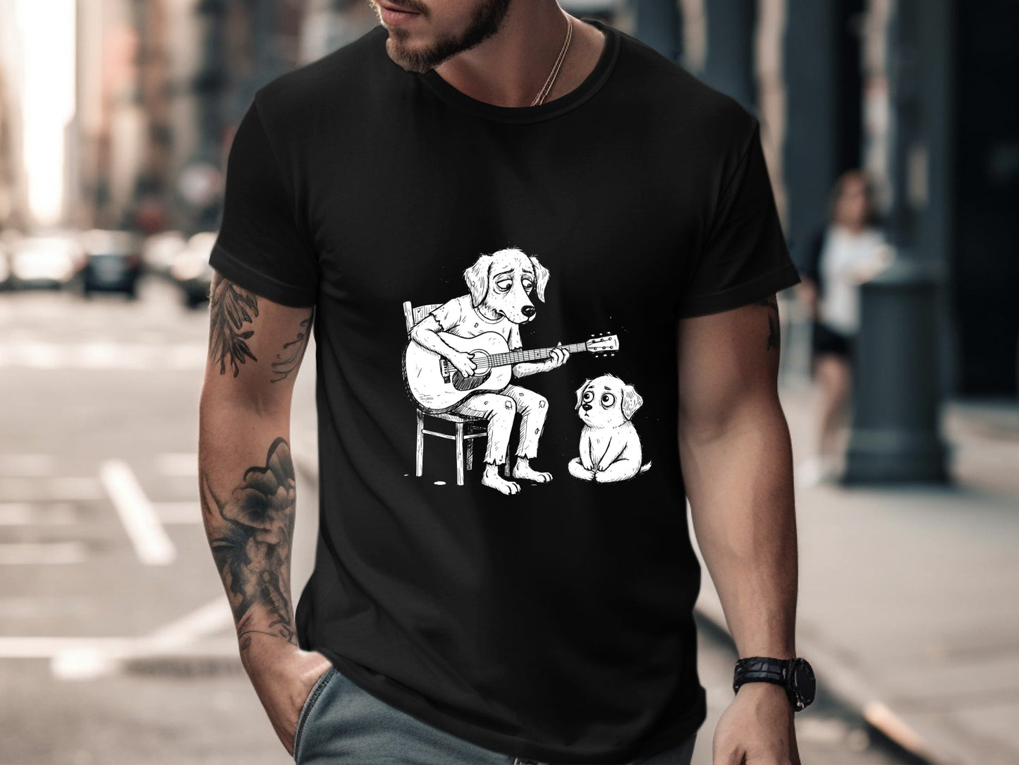 Dog Playing Guitar Sketch T-Shirt - Blues & Soul Music Graphic