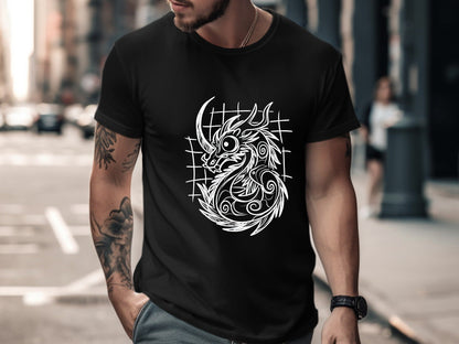 Tribal Dragon Line Drawing T-Shirt - Minimalist Mythical Art