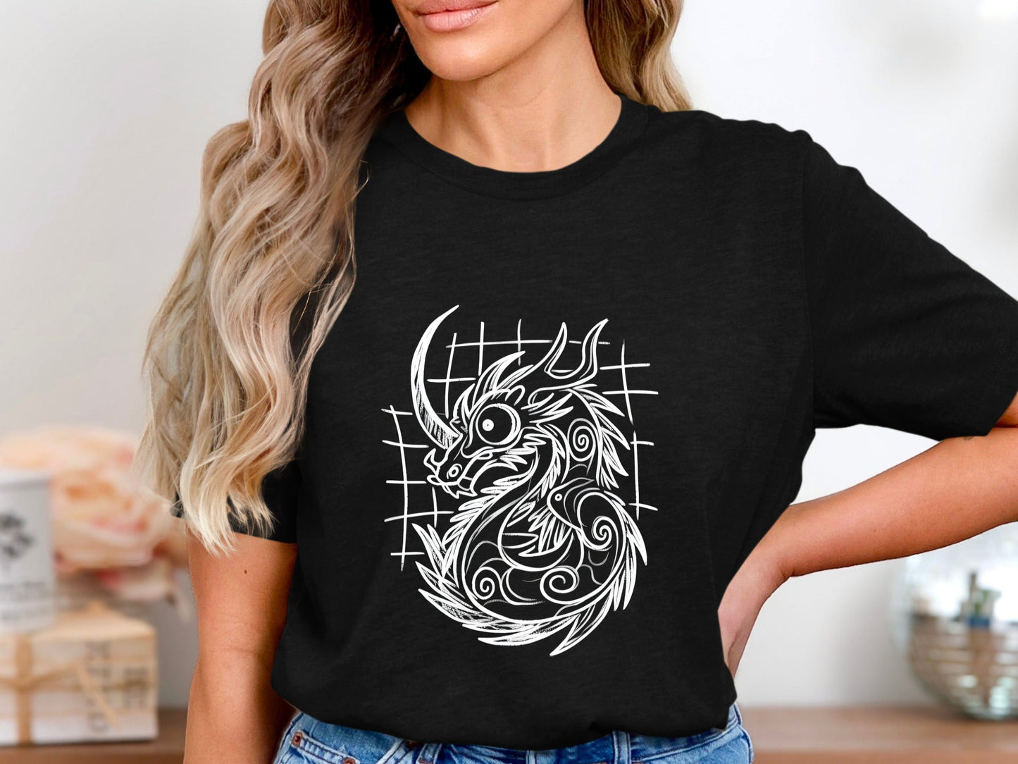 Tribal Dragon Line Drawing T-Shirt - Minimalist Mythical Art