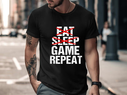 Eat Sleep Game Repeat Distressed Slogan Tee