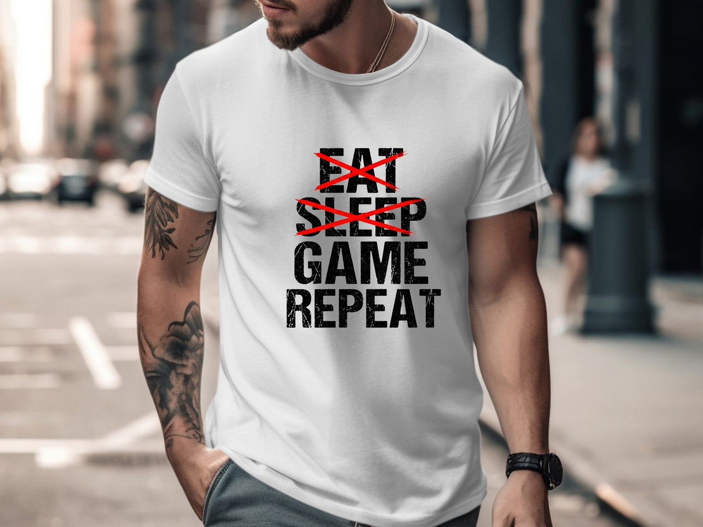 Eat Sleep Game Repeat Distressed Slogan Tee
