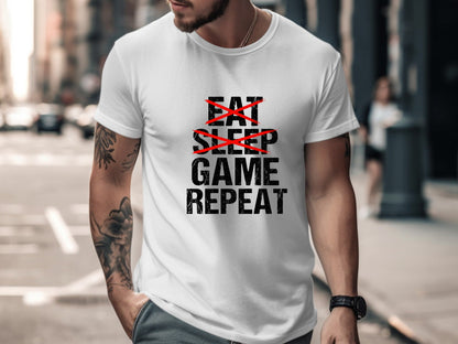 Eat Sleep Game Repeat Distressed Slogan Tee
