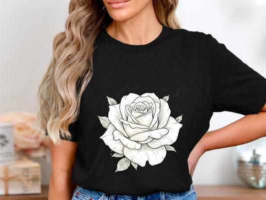 Ethereal White Rose Sketch T-Shirt