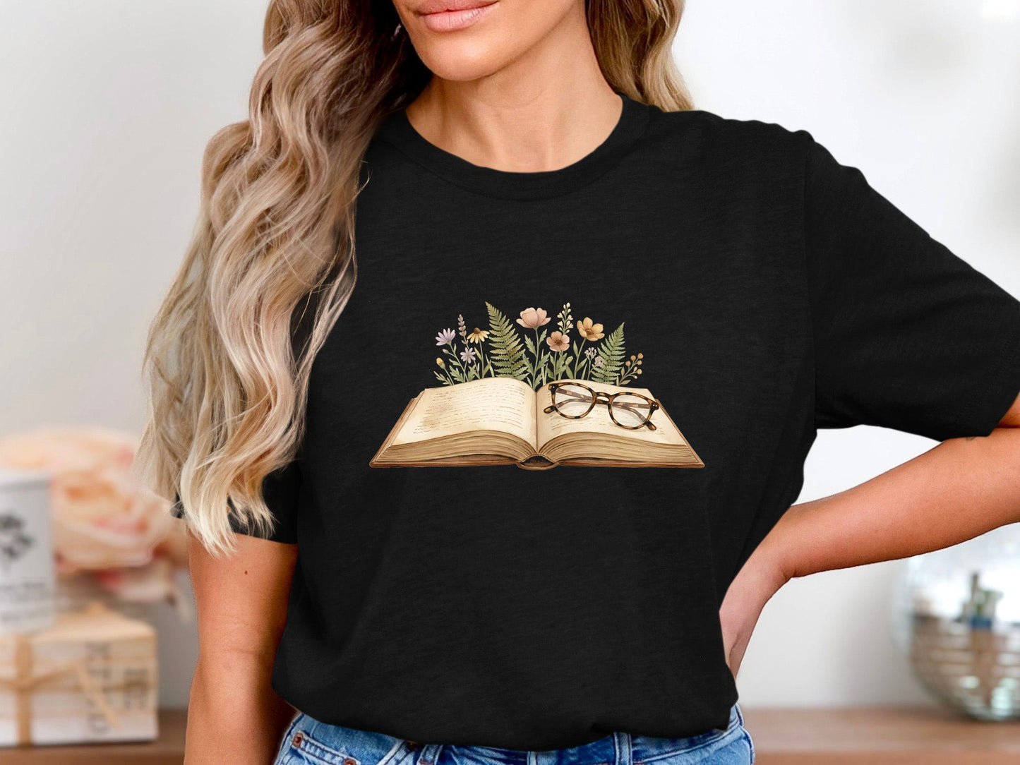 Vintage Open Book with Wildflowers and Glasses T-Shirt
