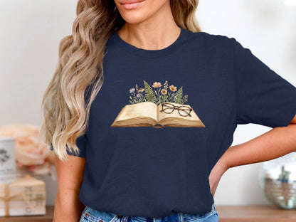 Vintage Open Book with Wildflowers and Glasses T-Shirt