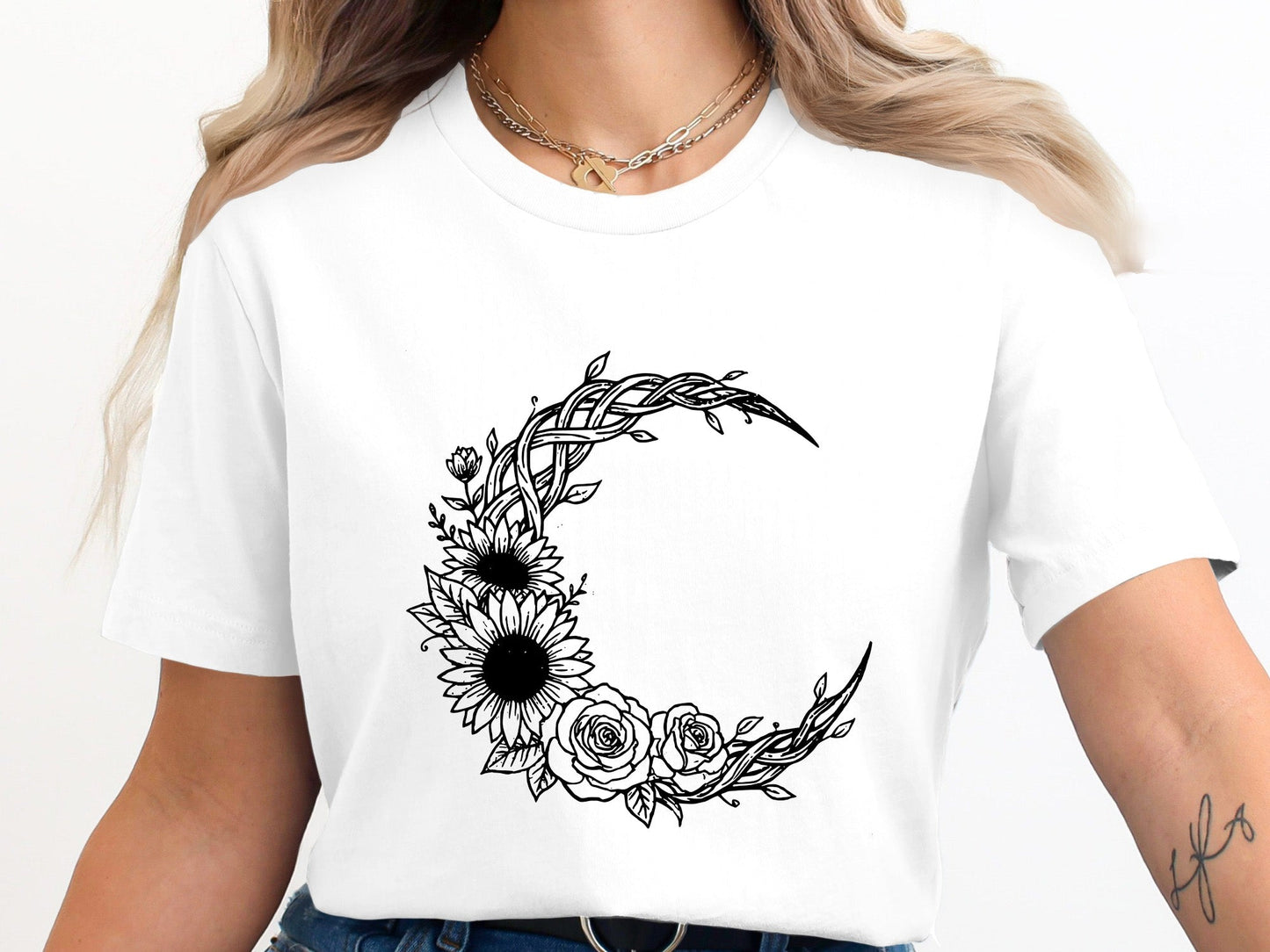 Botanical Moon Wreath Tee – Sunflowers & Roses T-Shirt