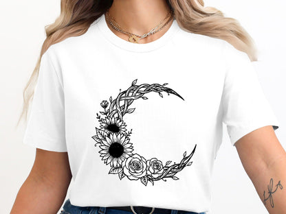 Botanical Moon Wreath Tee – Sunflowers & Roses T-Shirt