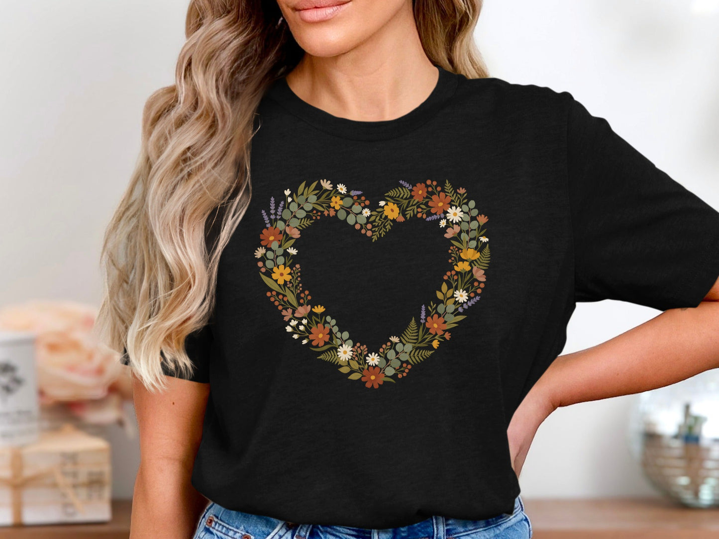 Bespoke Floral Heart Wreath Tee - Watercolor Botanical Shirt