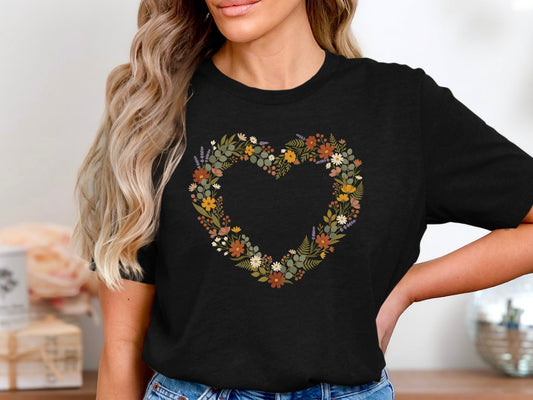 Bespoke Floral Heart Wreath Tee - Watercolor Botanical Shirt