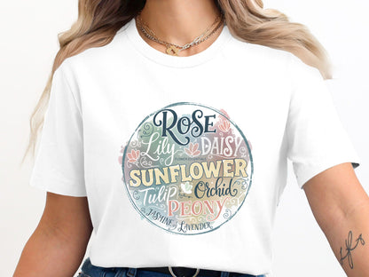 Flower Essentials Names Graphic T-Shirt