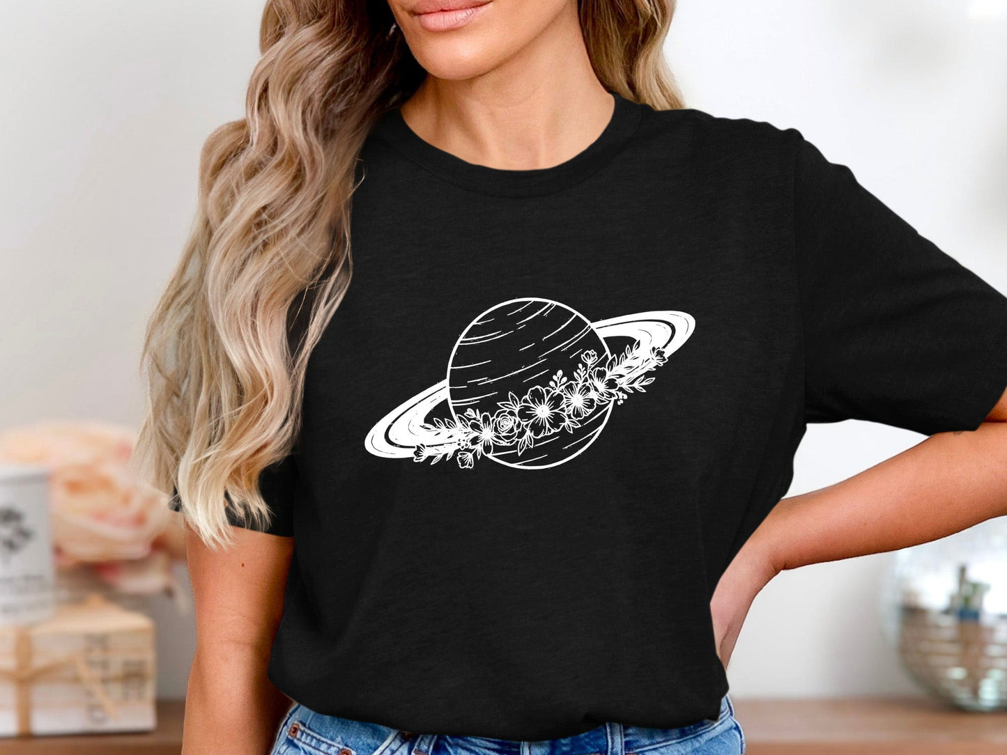 Floral Saturn Planet Tee – Line Art Celestial T-Shirt