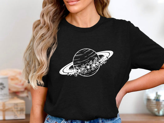 Floral Saturn Planet Tee – Line Art Celestial T-Shirt