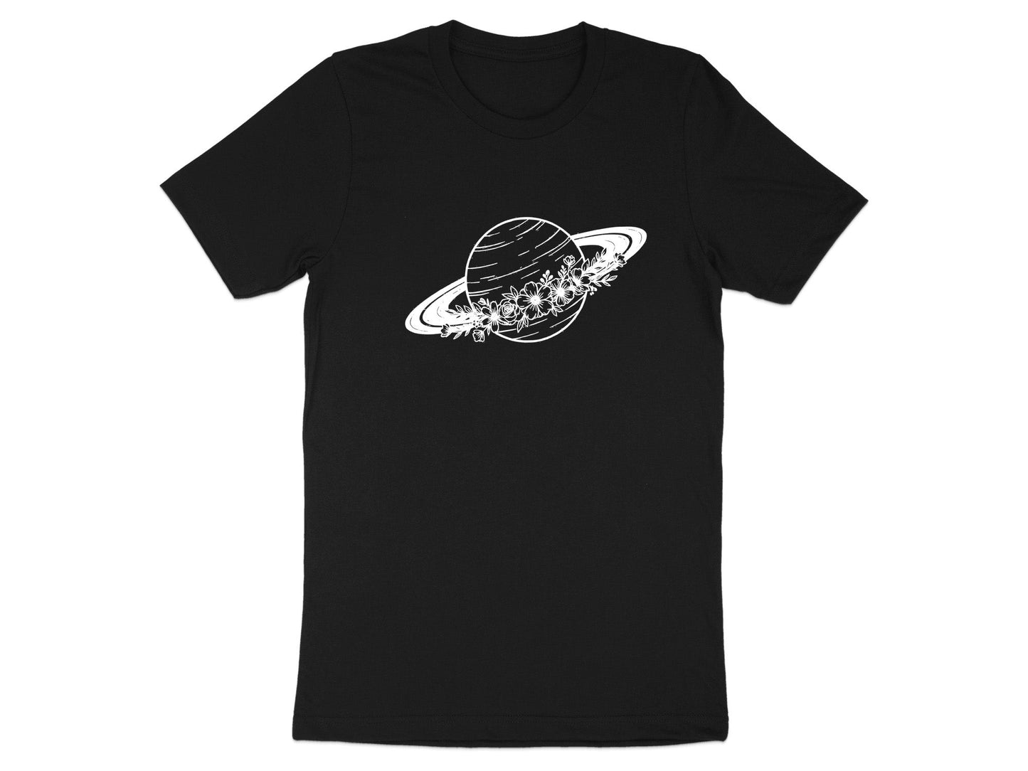 Floral Saturn Planet Tee – Line Art Celestial T-Shirt