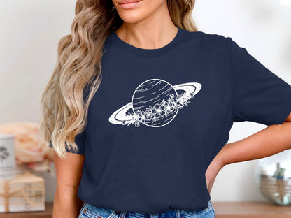 Floral Saturn Planet Tee – Line Art Celestial T-Shirt