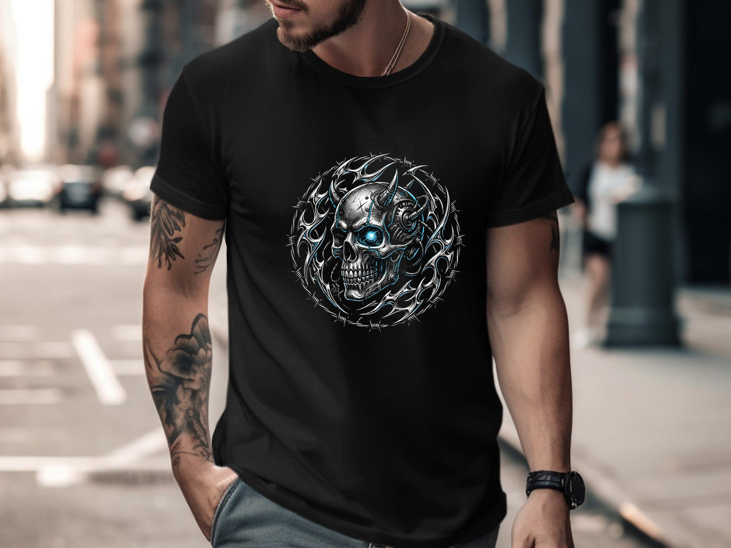 Cybernetic Demon Skull Barbed Wire Graphic Tee
