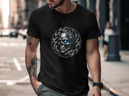 Cybernetic Demon Skull Barbed Wire Graphic Tee