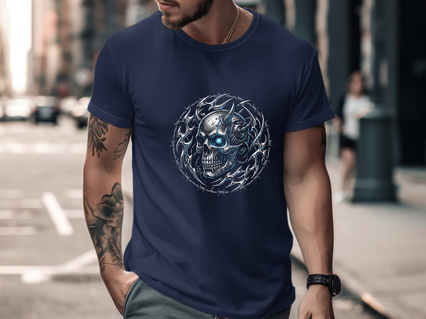 Cybernetic Demon Skull Barbed Wire Graphic Tee