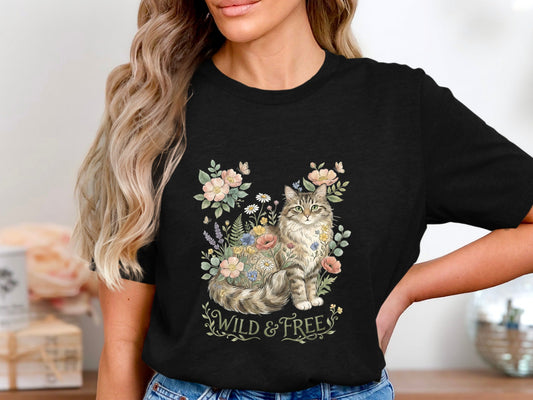 Wild & Free Floral Tabby Cat T-Shirt