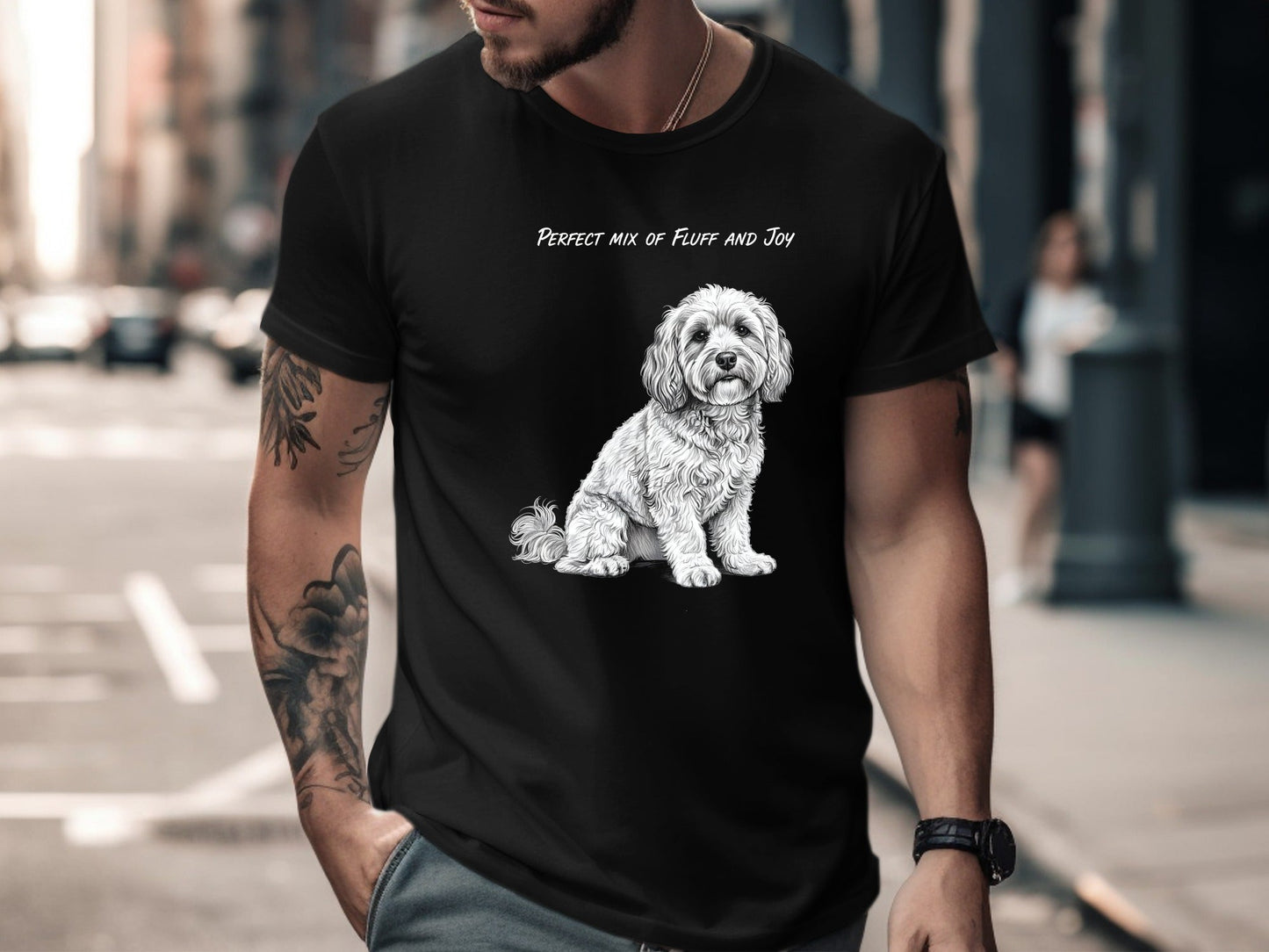 Fluffy Dog 'Mix of Fluff and Joy' Pencil Sketch T-Shirt