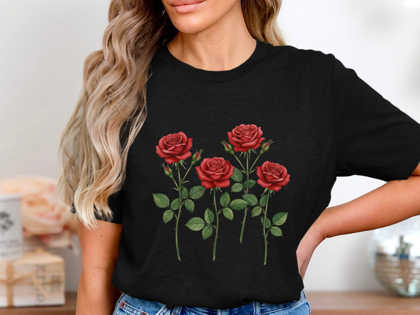 Four Stems Classic Red Roses cotton T-Shirt