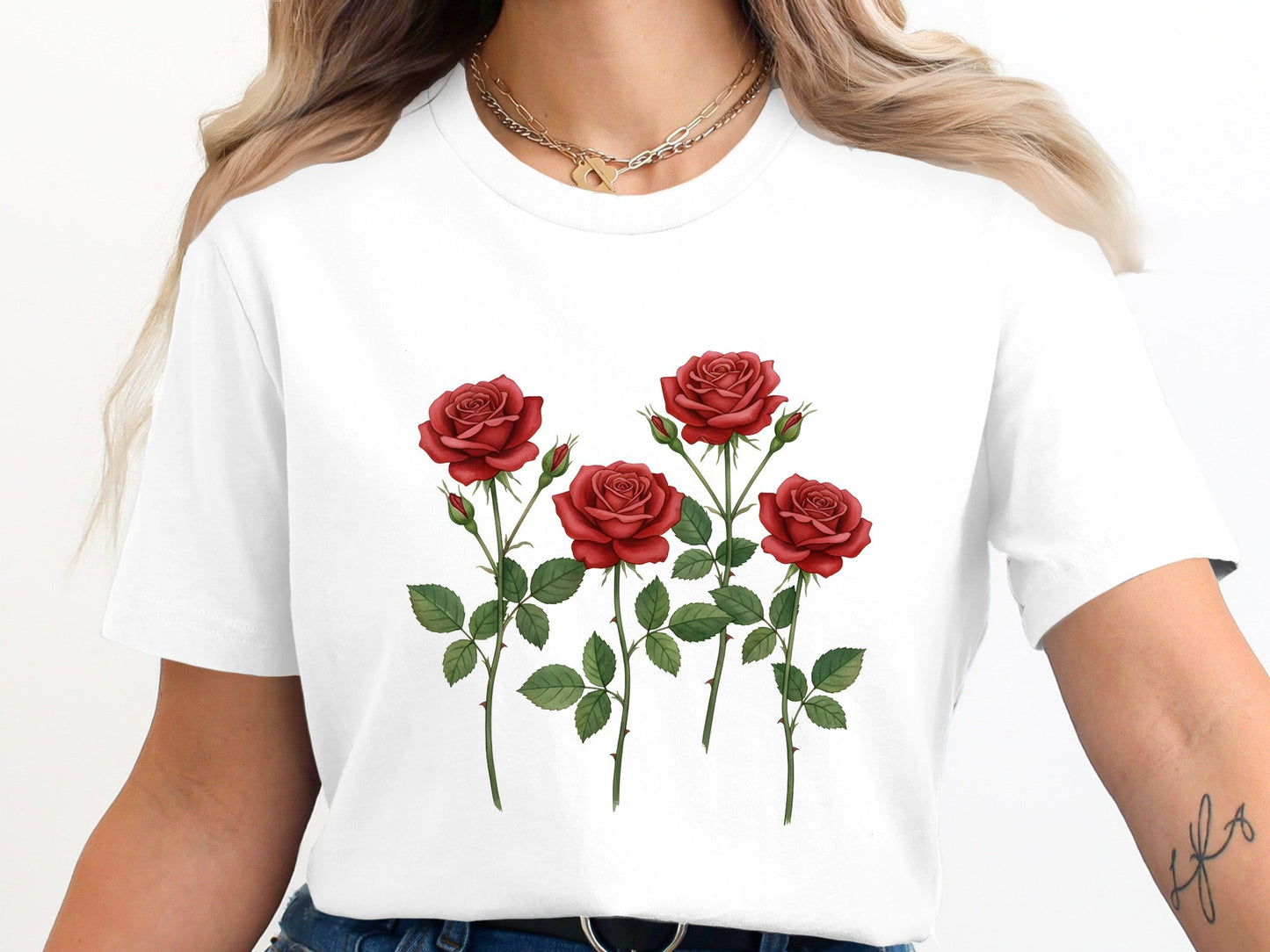 Four Stems Classic Red Roses cotton T-Shirt