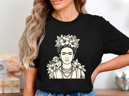 Frida Kahlo Portrait T-Shirt with Monkey & Hibiscus