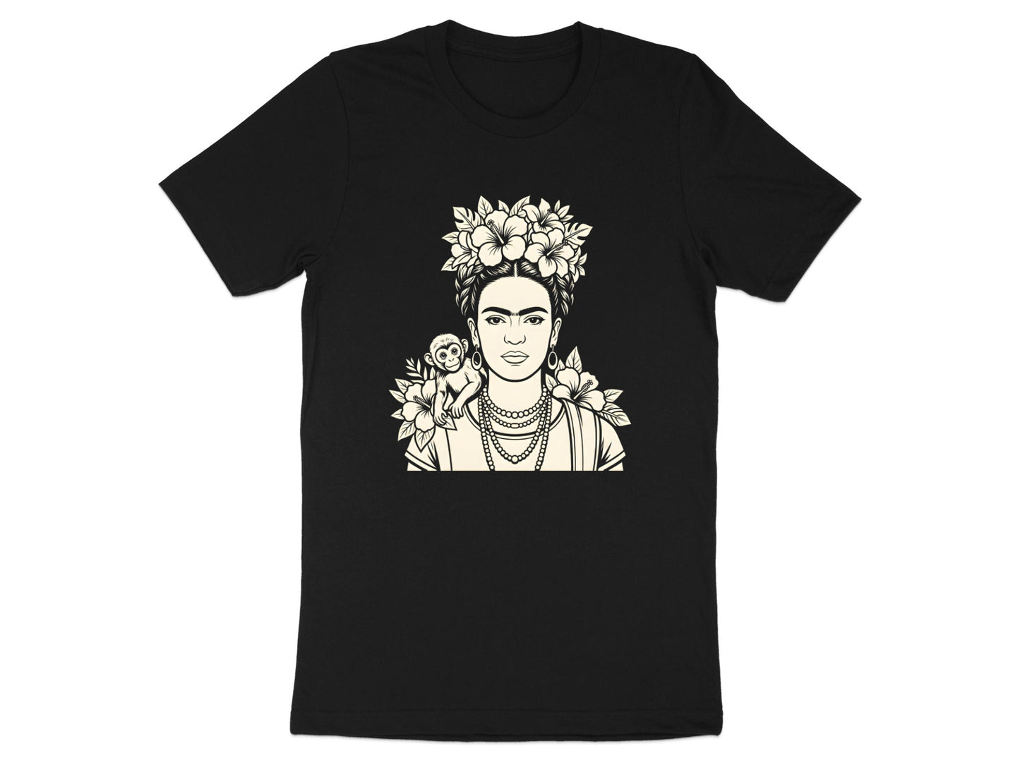 Frida Kahlo Portrait T-Shirt with Monkey & Hibiscus