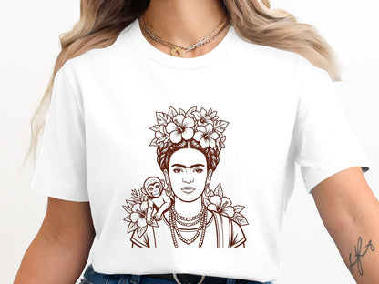 Frida Kahlo Portrait T-Shirt with Monkey & Hibiscus