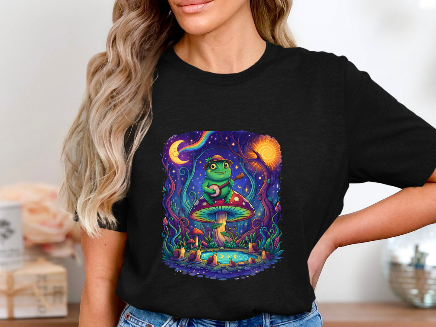 Frog Playing Banjo Mushroom T-Shirt - Psychedelic Forest Art