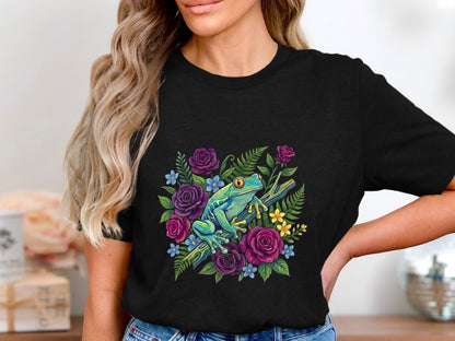 Tree Frog & Purple Roses T-Shirt - Tropical Floral Graphic