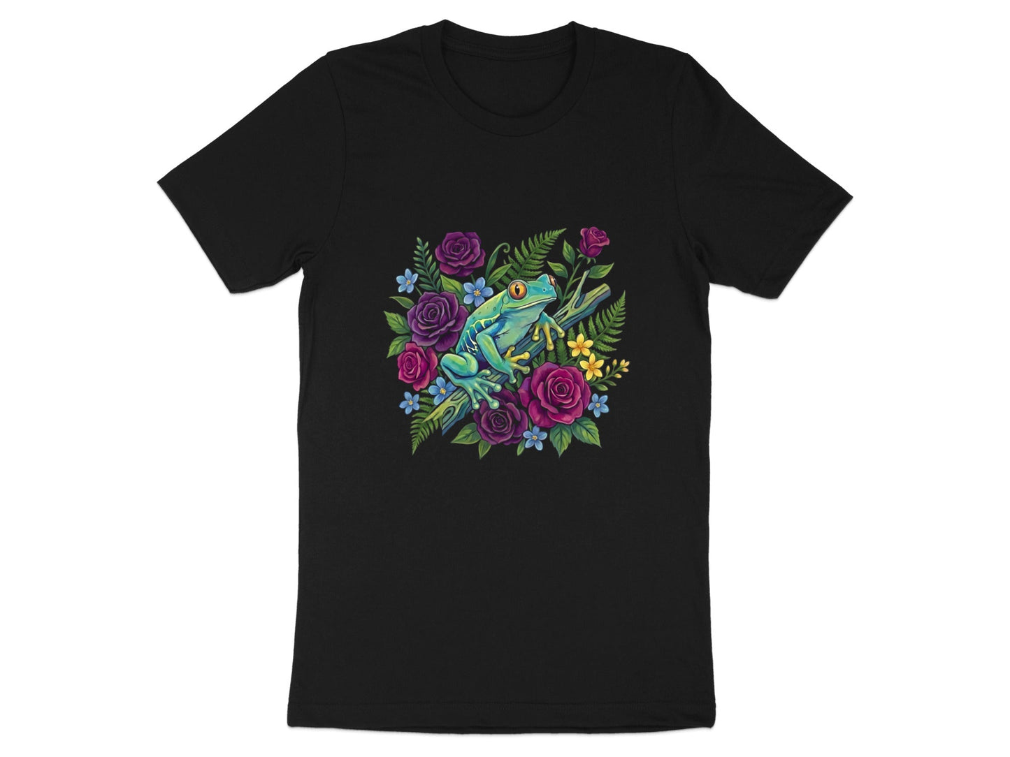 Tree Frog & Purple Roses T-Shirt - Tropical Floral Graphic