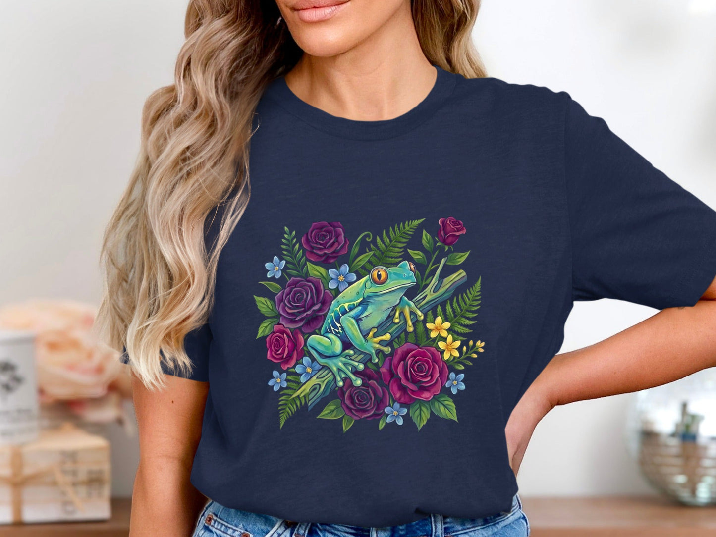 Tree Frog & Purple Roses T-Shirt - Tropical Floral Graphic