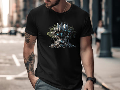 Futuristic Floating Tree City Graphic Tee