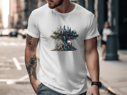 Futuristic Floating Tree City Graphic Tee