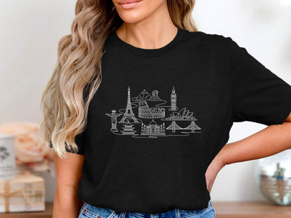 World Landmarks Line Art Graphic T-Shirt