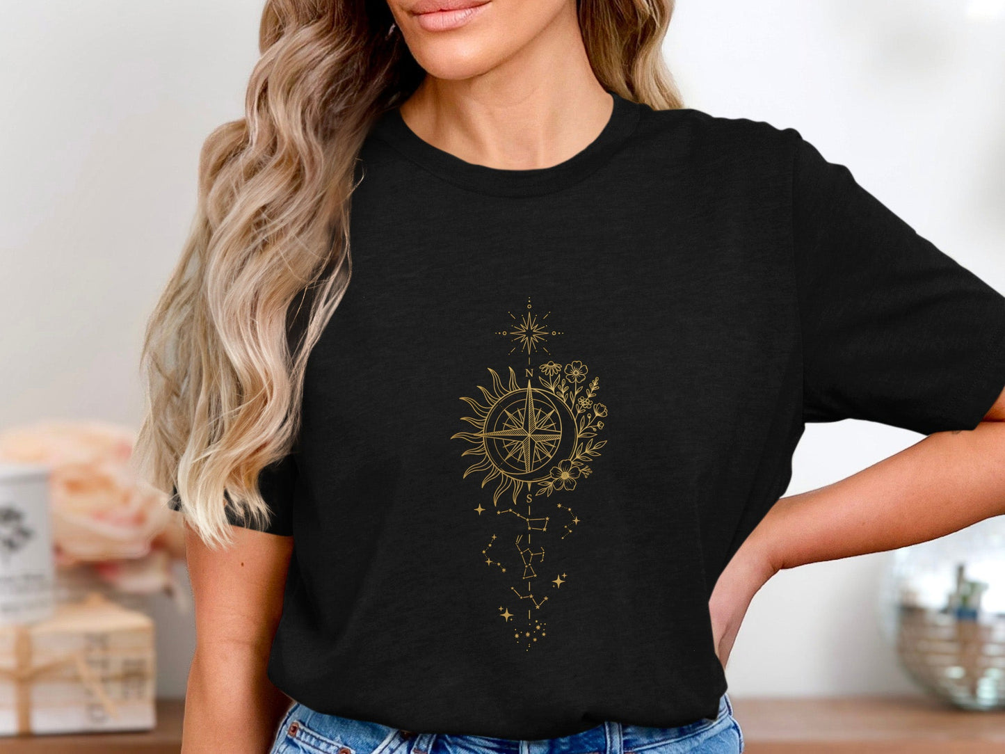 Celestial Compass Tee – Gold Line Art Constellation  T-Shirt