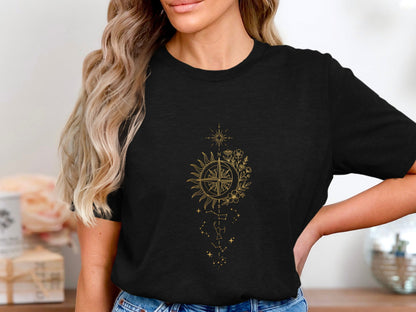 Celestial Compass Tee – Gold Line Art Constellation  T-Shirt
