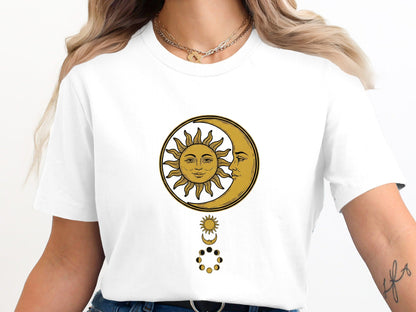 Vintage Sun & Moon Phases Tee – Antique Gold Celestial T-Shirt
