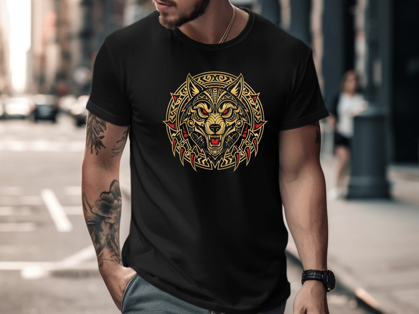 Gold Tribal Wolf T-Shirt - Geometric Animal Art Tee