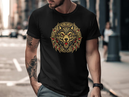 Gold Tribal Wolf T-Shirt - Geometric Animal Art Tee