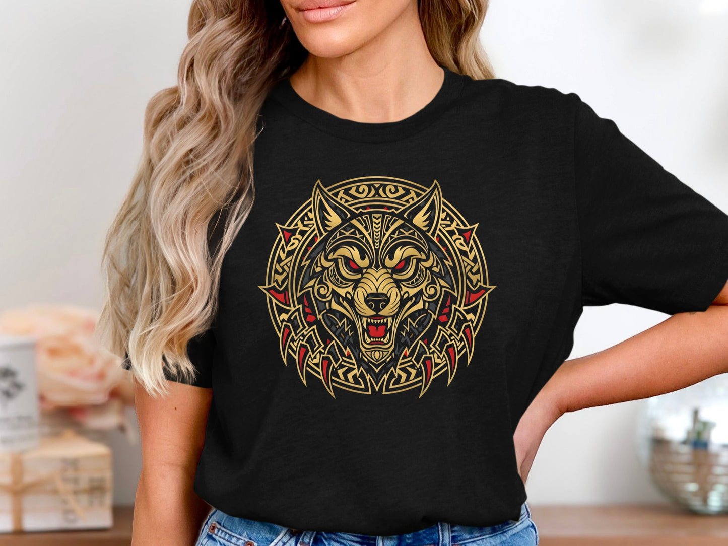 Gold Tribal Wolf T-Shirt - Geometric Animal Art Tee