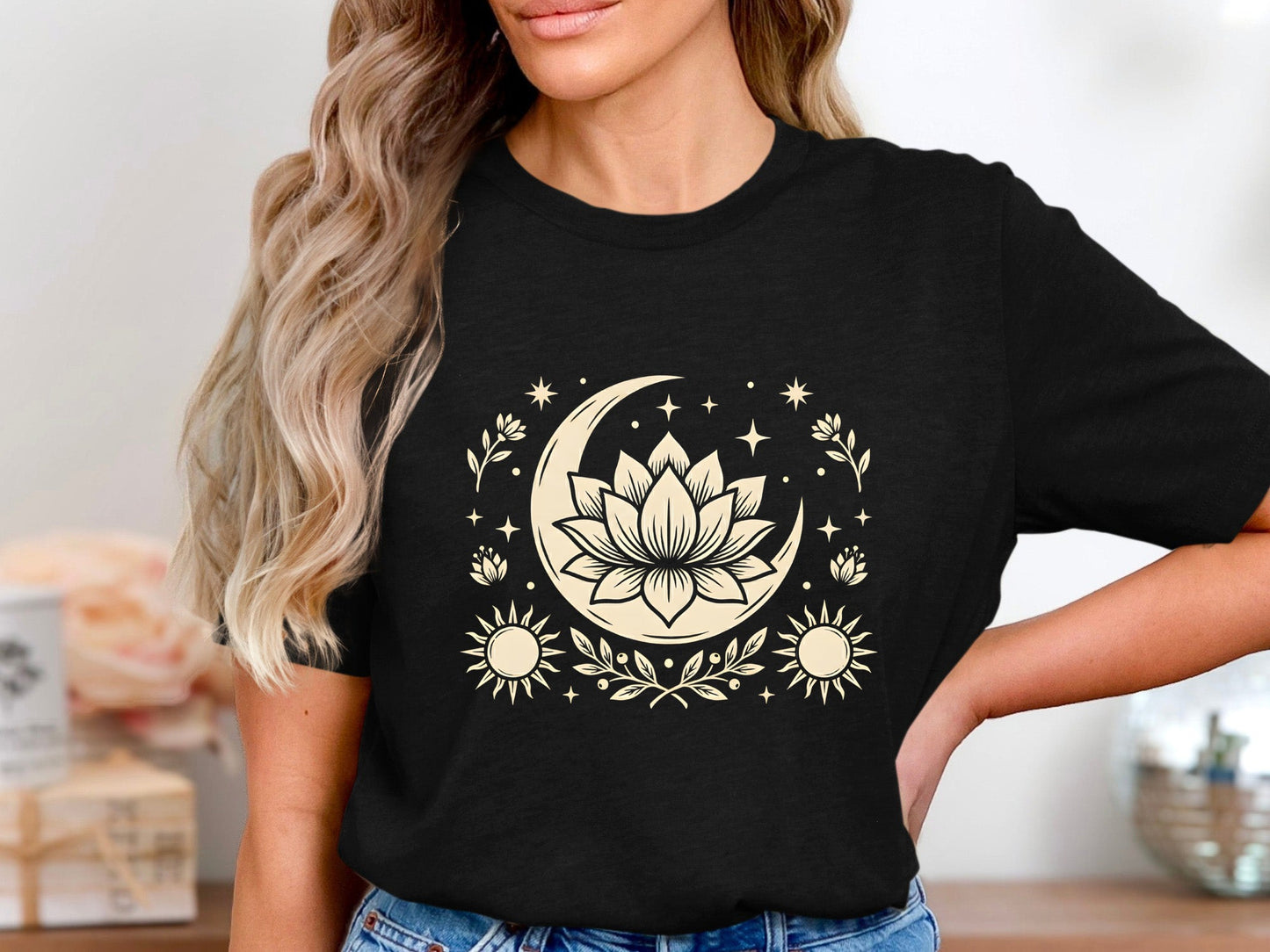 Mystic Lotus & Crescent Moon Tee – Boho Cream Detail T-Shirt