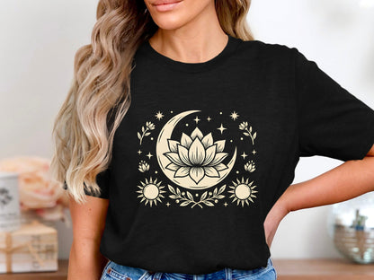 Mystic Lotus & Crescent Moon Tee – Boho Cream Detail T-Shirt