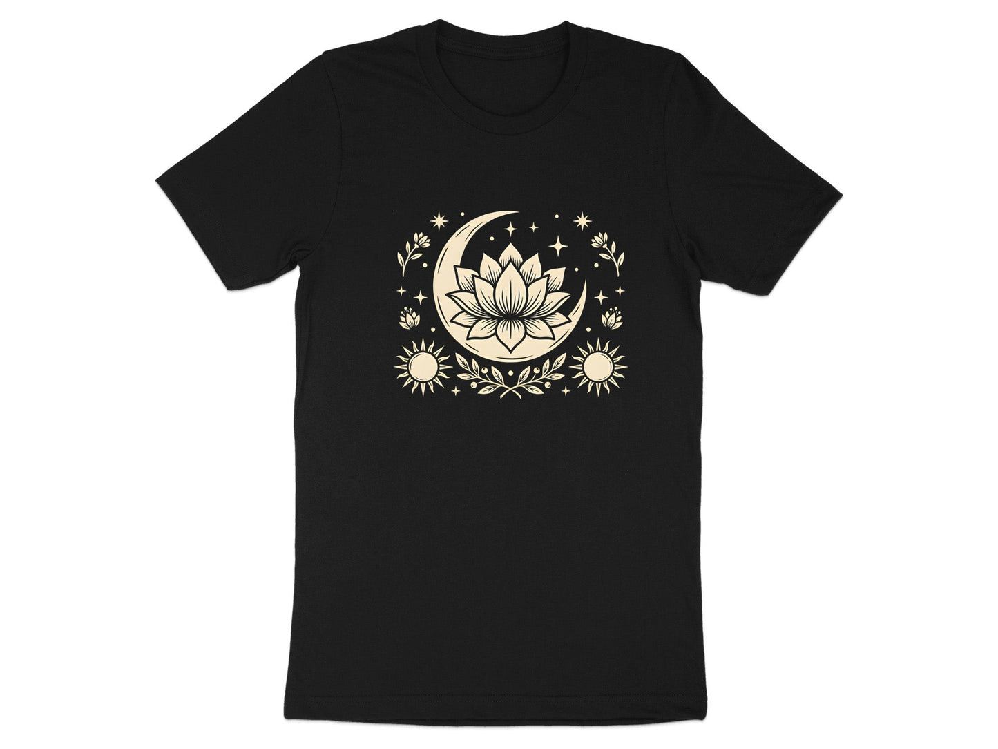 Mystic Lotus & Crescent Moon Tee – Boho Cream Detail T-Shirt