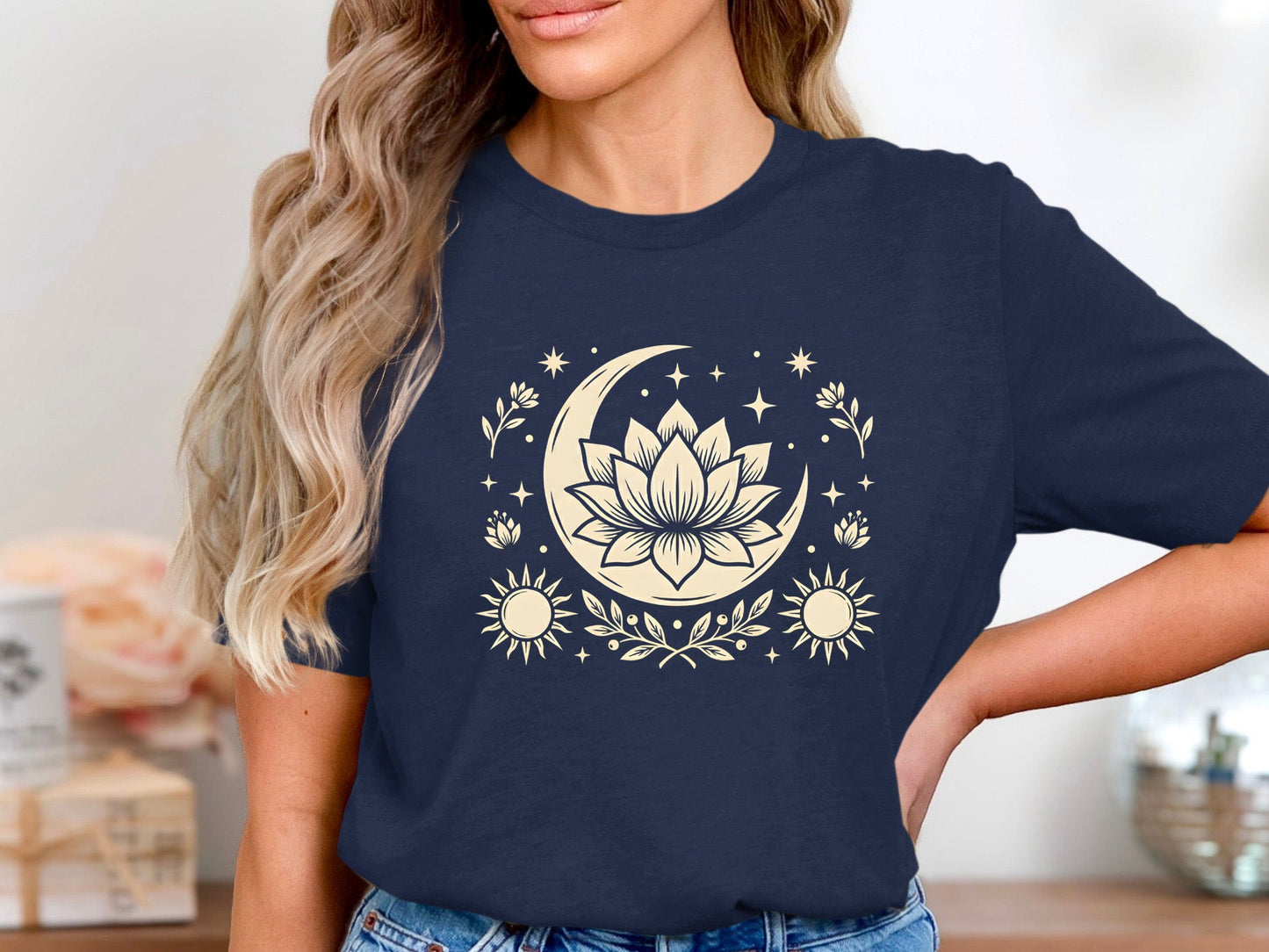 Mystic Lotus & Crescent Moon Tee – Boho Cream Detail T-Shirt