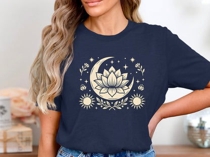 Mystic Lotus & Crescent Moon Tee – Boho Cream Detail T-Shirt