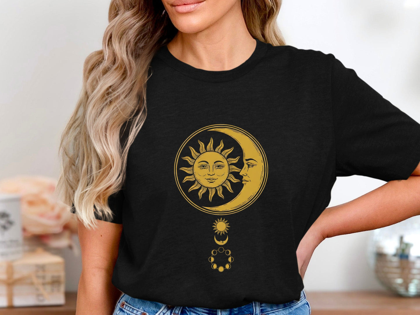 Vintage Sun & Moon Phases Tee – Antique Gold Celestial T-Shirt